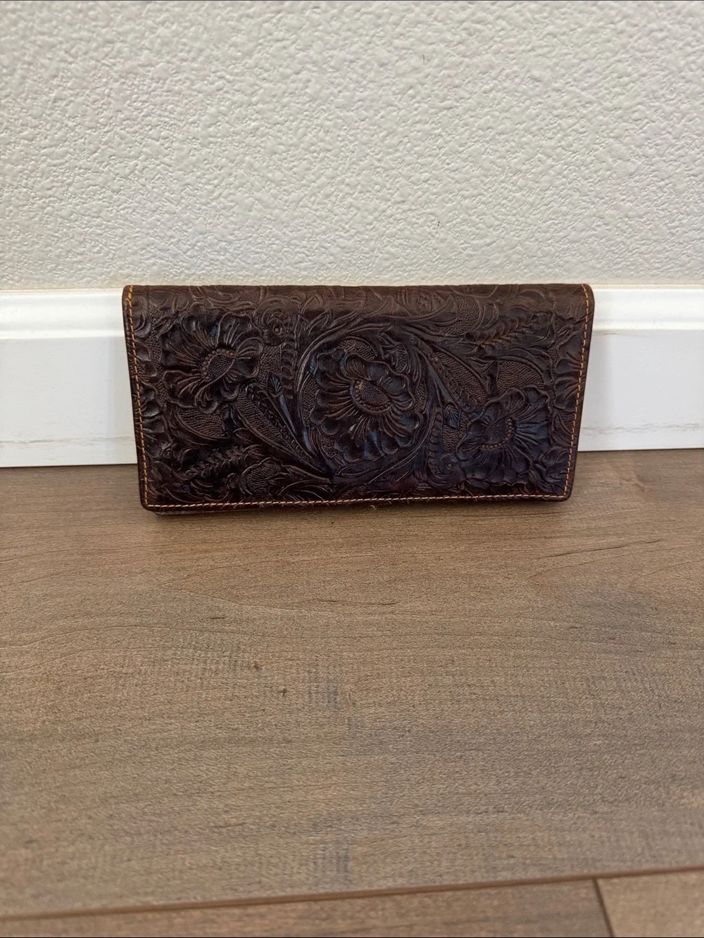 Hand-Tooled Brown Leather Wallet - Floral Design